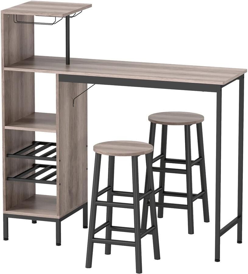 TRUUSK 3-delig. Bartafel-set Met Opbergruimte Wijnrekken Glashouders Krukken Met Voetensteun Voor Kleine Ruimtes Grijs