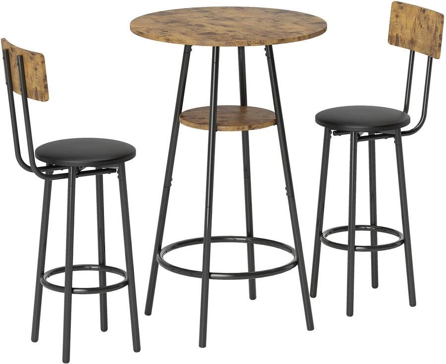 TRUUSK 3-delige Bartafel Set Met 2 Gestoffeerde Krukken Kunstleren Bekleding Rugleuning Metalen Frame Bruin