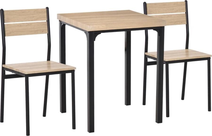 TRUUSK 3-delige Eetkamerset Eettafelset Houten Tafel MDF + Metaal Natuurlijke Houtnerf + Zwart Met 1 Tafel + 2 Stoelen