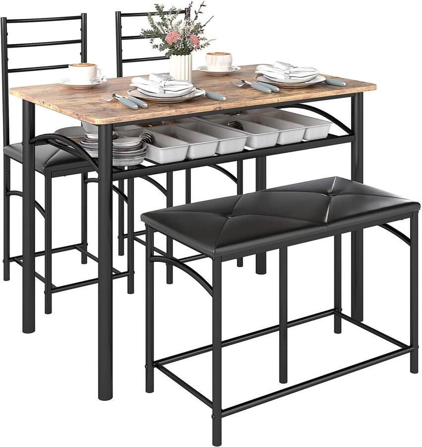 TRUUSK 4-delige Eetgroep Eettafel 2 Stoelen Bank Ruimtebesparend Eettafelset voor Kleine Ruimtes Keuken Eetkamer