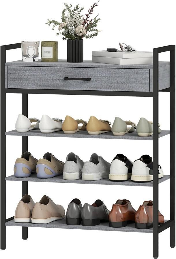 TRUUSK 4-laags Schoenenrek Gangrek voor 9 Paar Schoenen Spaanplaat Metaal Grijs