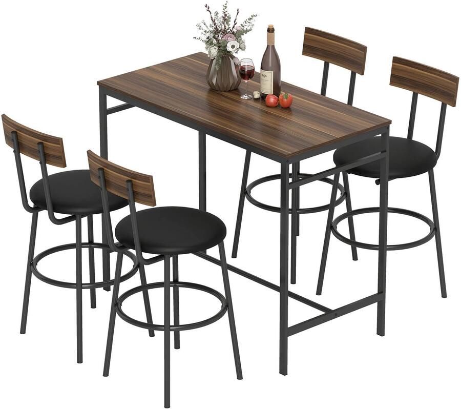 TRUUSK 5-delige Bartafel Set Met 4 Stoelen Industrieel Ontwerp Voor Keuken Eetkamer Hout Staal Bruin