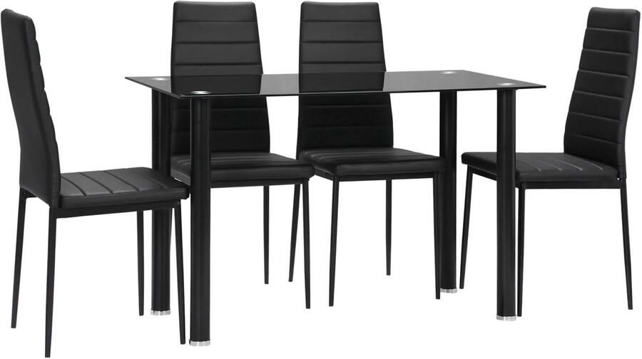 TRUUSK 5-delige Eetgroep Eettafel met Hardglasplaat en 4 Zwarte Stalen Stoelen Voor Eetkamer & Keuken