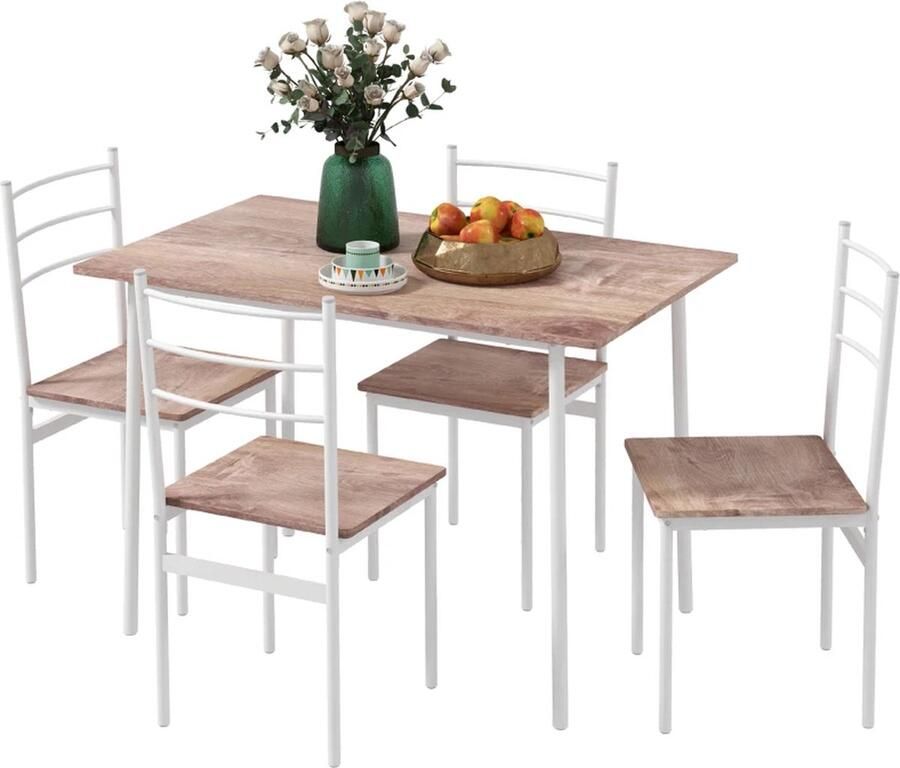 TRUUSK 5-delige Eettafel Met Stoelen Zitgroep Modern Design Naturel + Wit