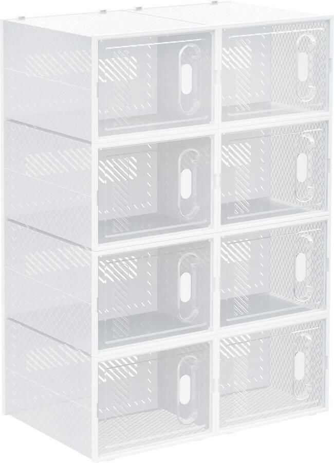 TRUUSK 8-delige Set Schoenendozen Schoenenorganizer Met Magnetische Deuren Schoenendoos Met Deksel Schoenenopslag Van Kunststof Voor Schoenen Tot Transparant+Wit