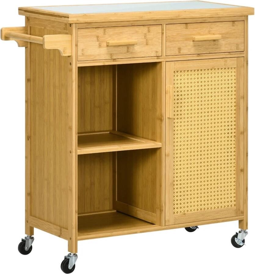 TRUUSK Bamboe Keukentrolley Multifunctionele Trolley Serveerwagen 2 Laden 1 Kast 2 Planken Naturel