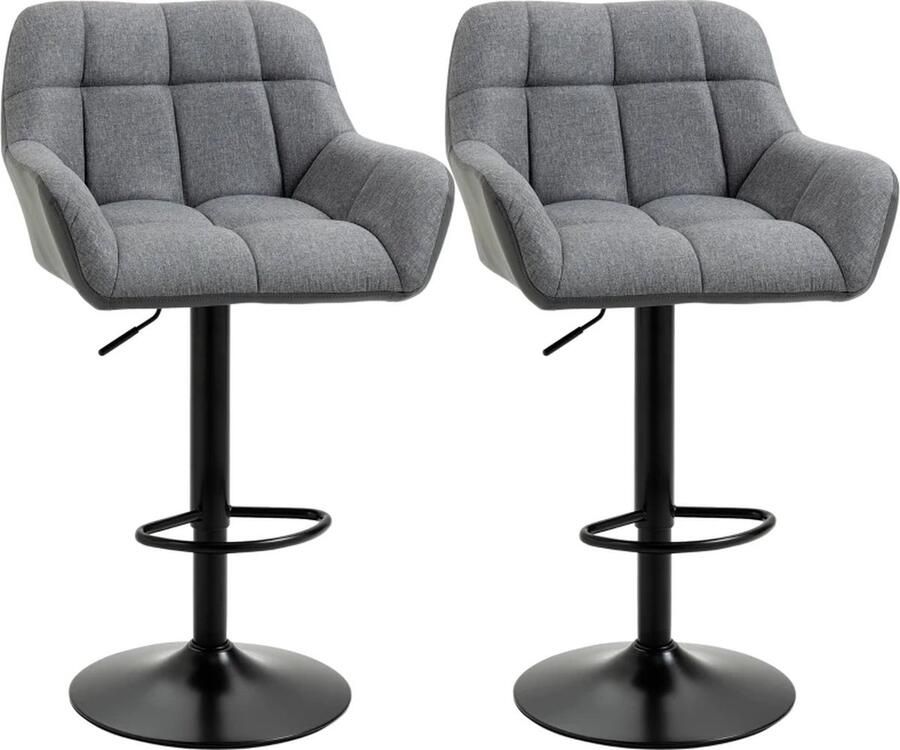 TRUUSK Barkruk Set Van 2 Retro Design In Hoogte Verstelbaar Imitatieleer Linnenlook Grijs + Zwart