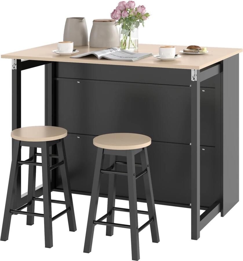 TRUUSK Bartafel Met Barkruk Set 3-delige Eettafel Set Klapbaar Tafelblad Kast Voor Eetkamer en Woonkamer Zwart