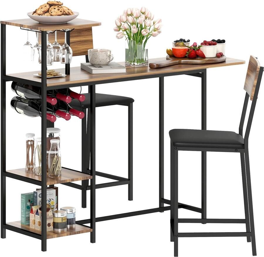 TRUUSK Bartafel Met Barkruk Set 3-dlg. Bartafel-Set Opklapbare Keukentafel Wijnglashouder Wijnrek Opslag 2 Barkrukken