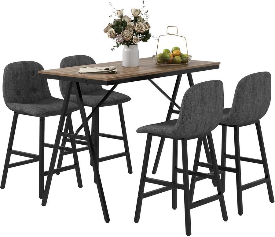 TRUUSK Bartafel met Barkruk Set 5-delige Eetgroep Bistrotafel met 4 Stoelen Staal Donkergrijs 120 x 60 x 91 cm