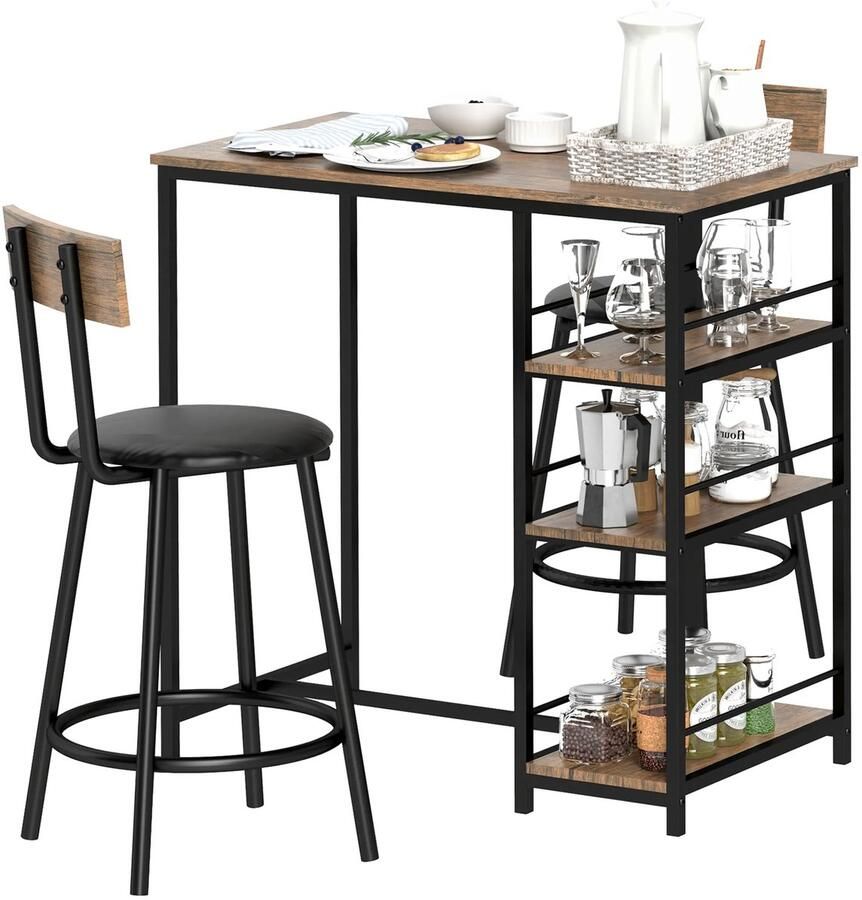 TRUUSK Bartafel Met Barkrukken Set 3-dlg. Bartafel-Set Moderne Stijl 3 Planken 2 Barkrukken Staal Eik Eetgroep Voor