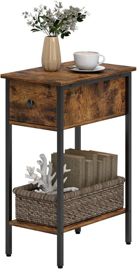 TRUUSK Bijzettafel Met Lade en Open Vak Nachtkastje Metalen Poten Hout Bruin