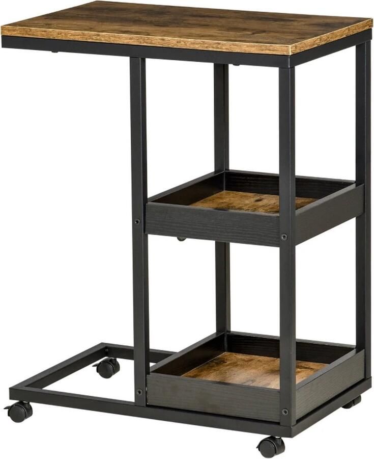 TRUUSK Bijzettafel Met Wielen Industriële Stijl Staal en Hout Bruin en Zwart Voor Bank of Bed