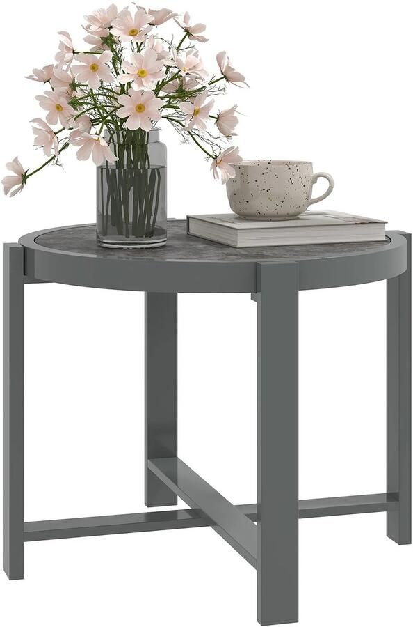 TRUUSK Bijzettafel Rond Weerbestendig Aluminium Marmerlook Voor Binnen en Buiten Grijs