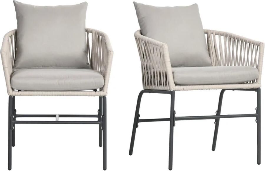 TRUUSK Boho Patio Stoel Set Van 2 Comfortabele Zitschaal Wasbare Zitkussens Metalen Frame Grijs Beige