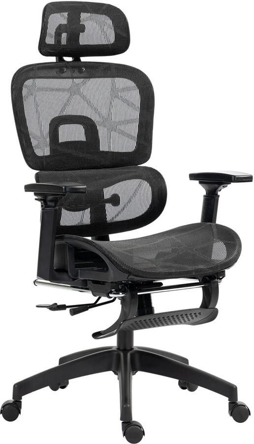 TRUUSK Bureaustoel Ergonomische Bureaustoel Met Armleuning Hoofdsteun Lendensteun In Hoogte Verstelbare Mesh Draaistoel Met Kantelfunctie Ligfunctie Voetensteun Zwart