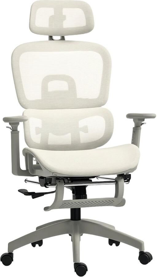 TRUUSK Bureaustoel Ergonomische Bureaustoel Met Netstof Bekleding Verstelbaar Rolbaar Met Armleuningen Hoofdsteun Beige