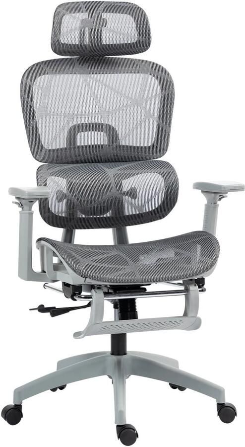 TRUUSK Bureaustoel Ergonomische Bureaustoel Met Netstof Bekleding Verstelbaar Rolbaar Met Armleuningen Hoofdsteun Grijs