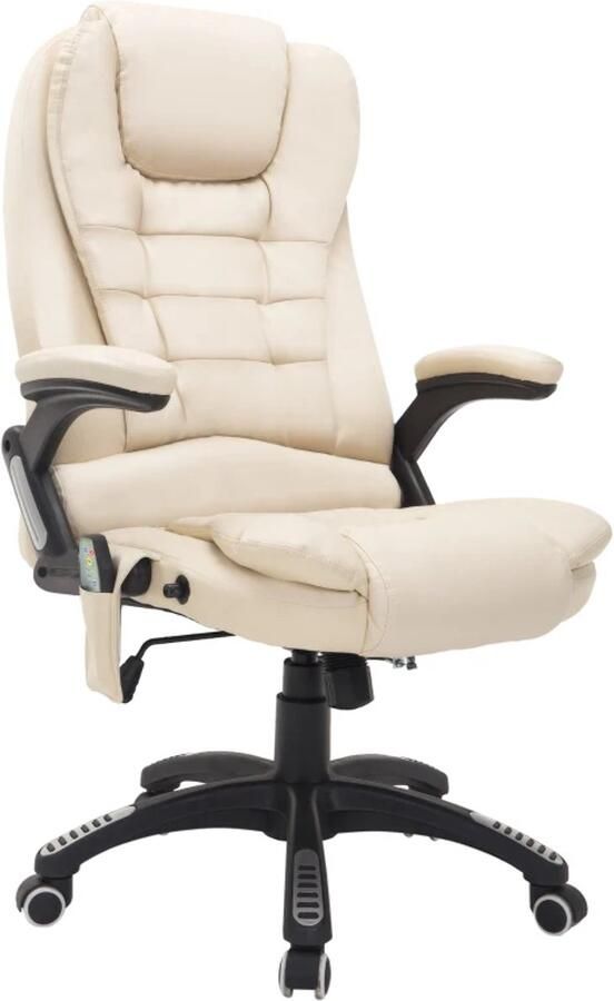 TRUUSK Bureaustoel Met Massage- en Warmtefunctie Hoogte Verstelbaar Kantelfunctie Creme Wit + Zwart