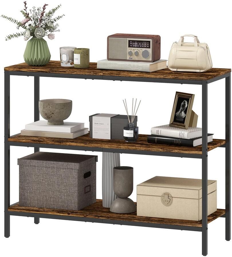 TRUUSK Console Tafel Bijzettafel Met 3-laags Plank Spaanplaat en Metaal Lichtbruin