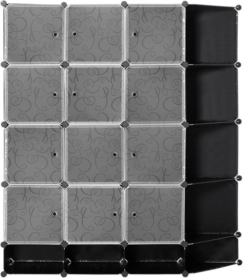 TRUUSK DIY Kledingkast Rekensysteem 16 Vakken 2 Stangen Kubusrek Opbergrek Voor Kleding en Schoenen Zwart 145 x 46