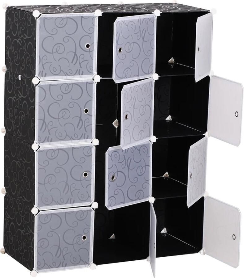 TRUUSK DIY Kledingkast Rekkensysteem Plug-in Plank Kubus Met Kledingroede 2 + 6 Vakken Gemaakt Van PP Zwart + Wit 111