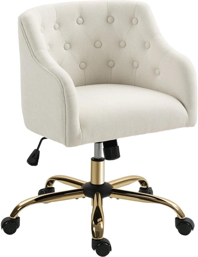 TRUUSK Draaibare Bureaustoel Verstelbare Hoogte en Kantelfunctie Linnenlook Voor Thuiswerk Make-up en Studeren Beige