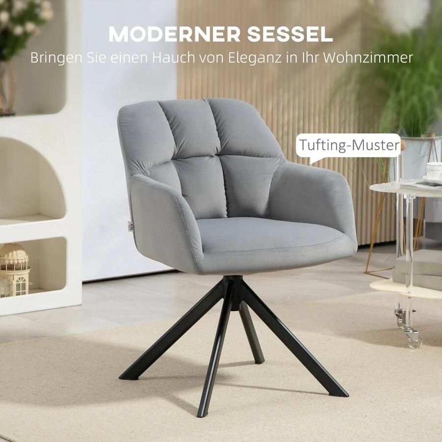 TRUUSK Draaibare Loungestoel Fluweelachtige Afwerking Armleuning Metalen Poten Voor Slaapkamer en Woonkamer Grijs