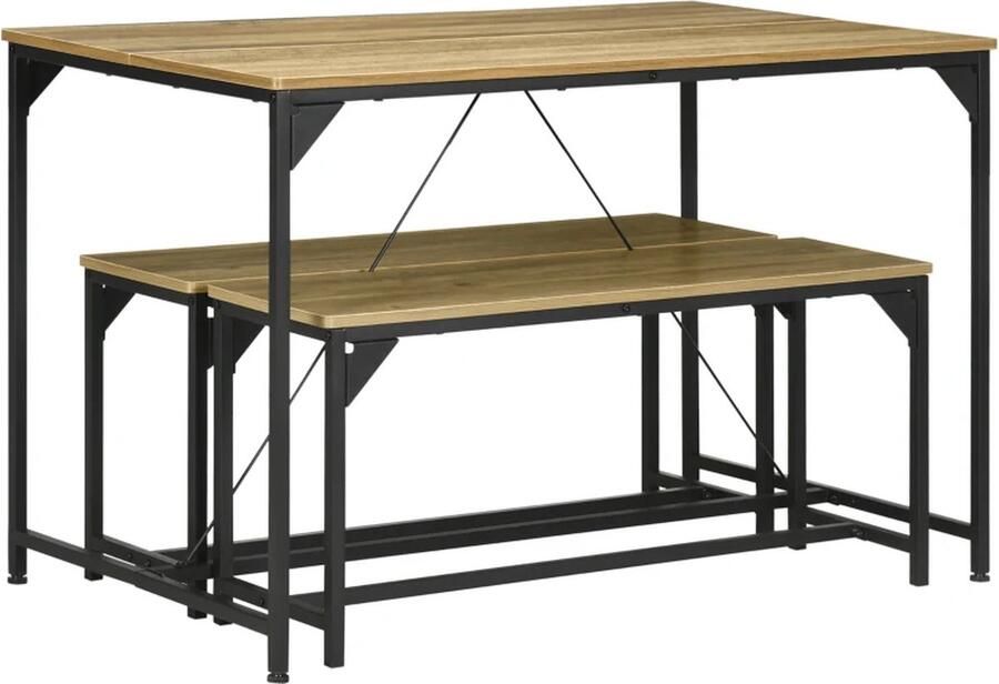 TRUUSK Eetgroep 4 Personen Eettafel Met 2 Banken Industrieel Design 120 Cm X 70 Cm X 75 Cm Zwart + Naturel