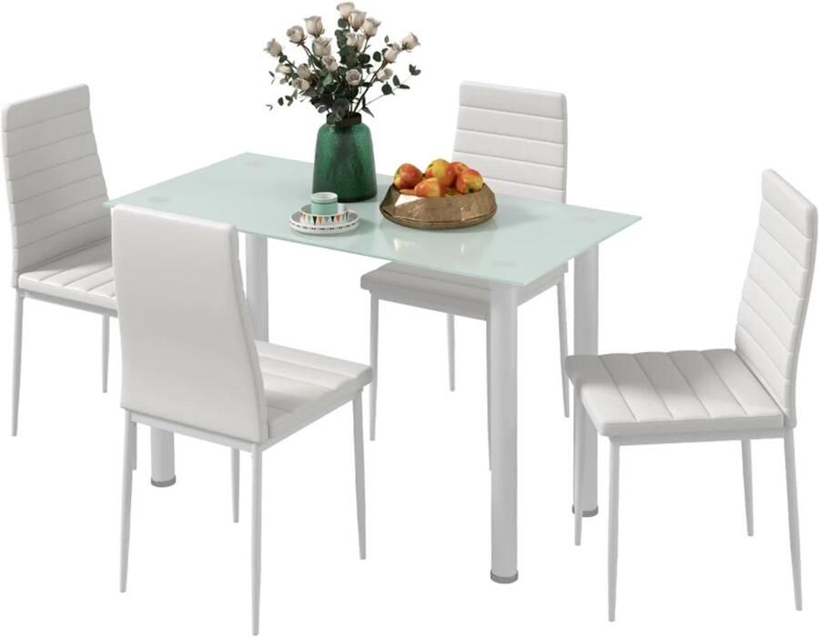 TRUUSK Eetgroep Moderne Design Eettafel met 4 Stoelen Glazen Tafel Wit Set van 5 Stuks