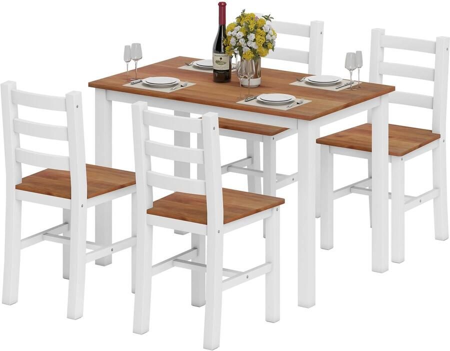 TRUUSK Eetgroepset Eettafel met 4 Stoelen Grenenhout Bruin en Wit Stijlvolle Eetkamerset