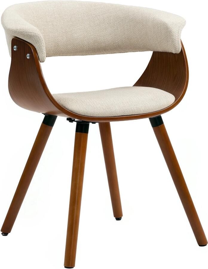 TRUUSK Eetkamerstoel Keukenstoel Met Rugleuning Linnenlook Fauteuil Gestoffeerd Houten Poten Voor Eettafel Beige