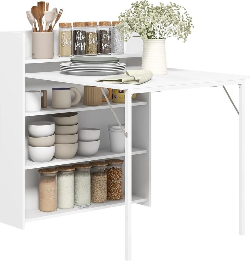 TRUUSK Eettafel Opvouwbaar Keukentafel Met 4-laags Rekken Voor 3 Personen Opklaptafel Met Anti-Kantelbeveiliging Voor Kleine Ruimtes Keuken Eetkamer 80 X 90 X 93 Cm Wit