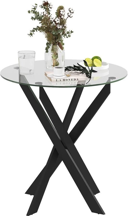 TRUUSK Eettafel Ronde Keukentafel Voor 4 Personen Eetkamertafel Met Stalen Poten Tafelblad Van Gehard Glas Voor Eetkamer Keuken Ø70 X 75 Cm Modern Ontwerp Zwart+Transparant