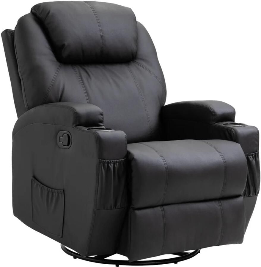 TRUUSK Elektrische Relaxstoel met Massagefunctie 5 Massagestanden Ligfunctie Kunstleer Hout Metaal Zwart 84 x 92 x