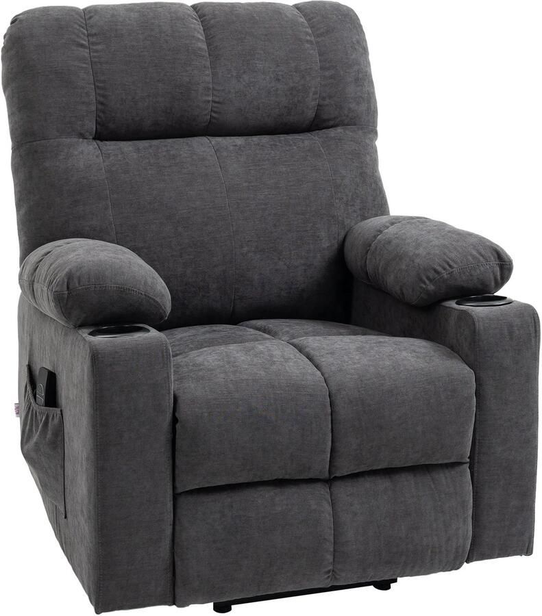 TRUUSK Elektrische Relaxstoel Opsta-hulp Massagefunctie Verwarmingsfunctie Flanel-look Donkergrijs