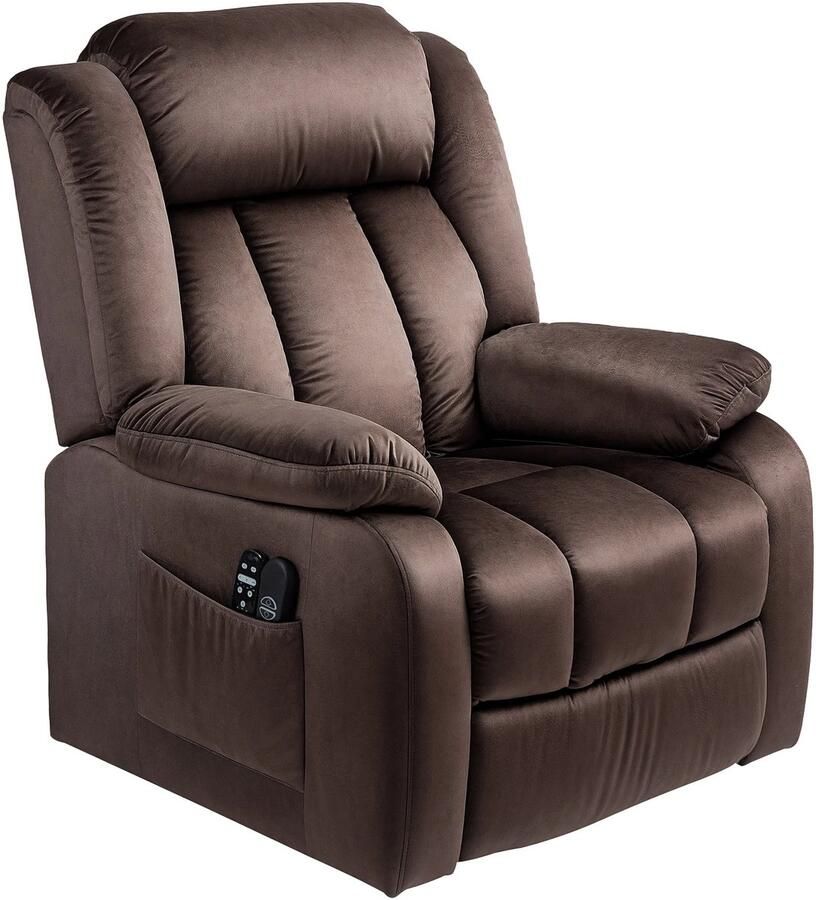 TRUUSK Elektrische TV-fauteuil Met Opsta-hulp Relaxfauteuil Met Ligfunctie Vibratiemassage Verwarmingsfunctie TV-fauteuil Met Pocketvering Zijvak En Afstandsbediening Bruin