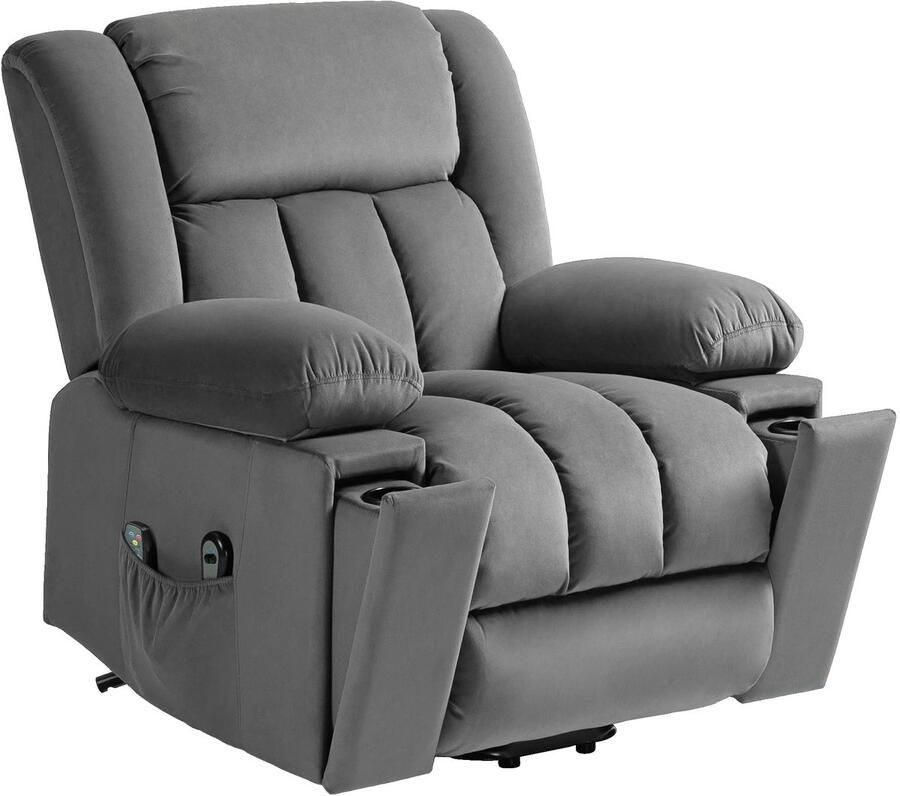 TRUUSK Elektrische TV-fauteuil Met Opsta-hulp Relaxfauteuil Met Massage- Verwarmings- Ligfunctie TV-fauteuil Met Bekerhouder Opbergruimte USB-aansluitingen En Afstandsbediening Fluweel Donkergrijs