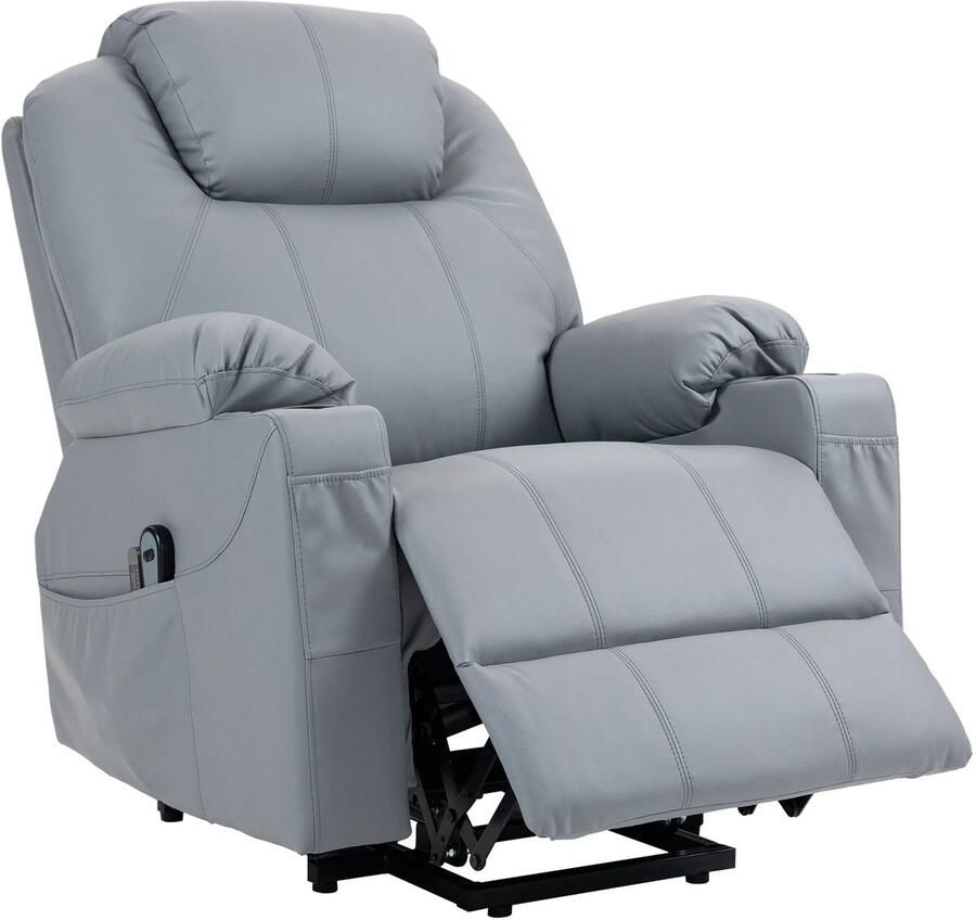 TRUUSK Elektrische TV-fauteuil Opsta-hulp Relax- massage- en ligfunctie Bekerhouder Afstandsbediening Zijtas Grijs