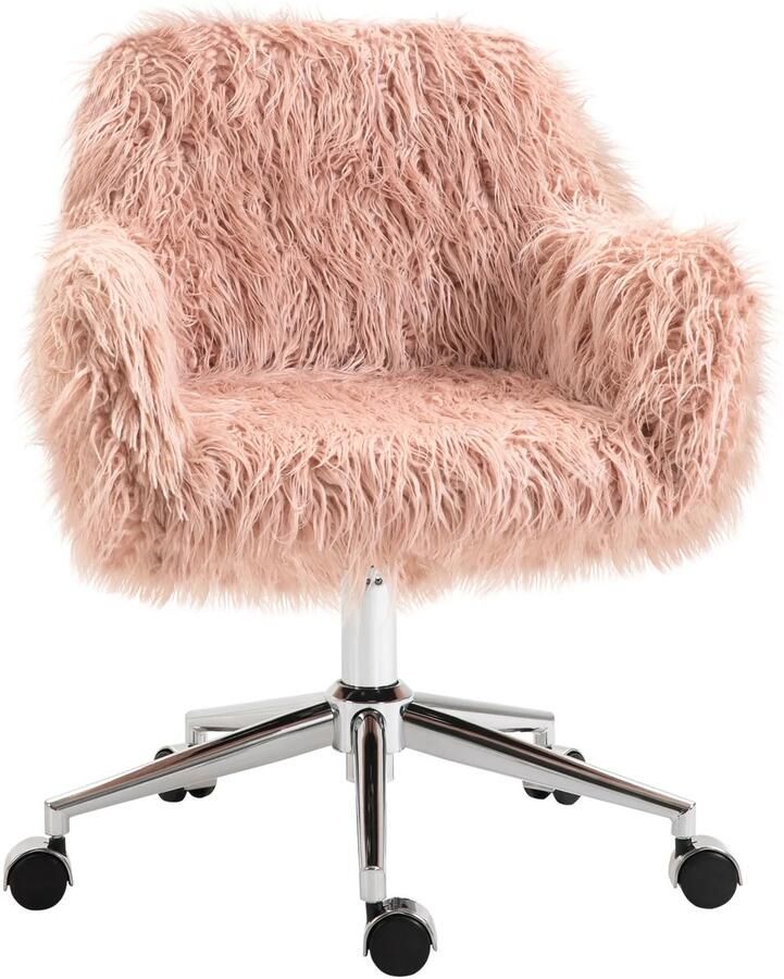 TRUUSK Ergonomische Bureaustoel voor Vrouwen Hoogte Verstelbaar Kunstbont Roze+Zilver