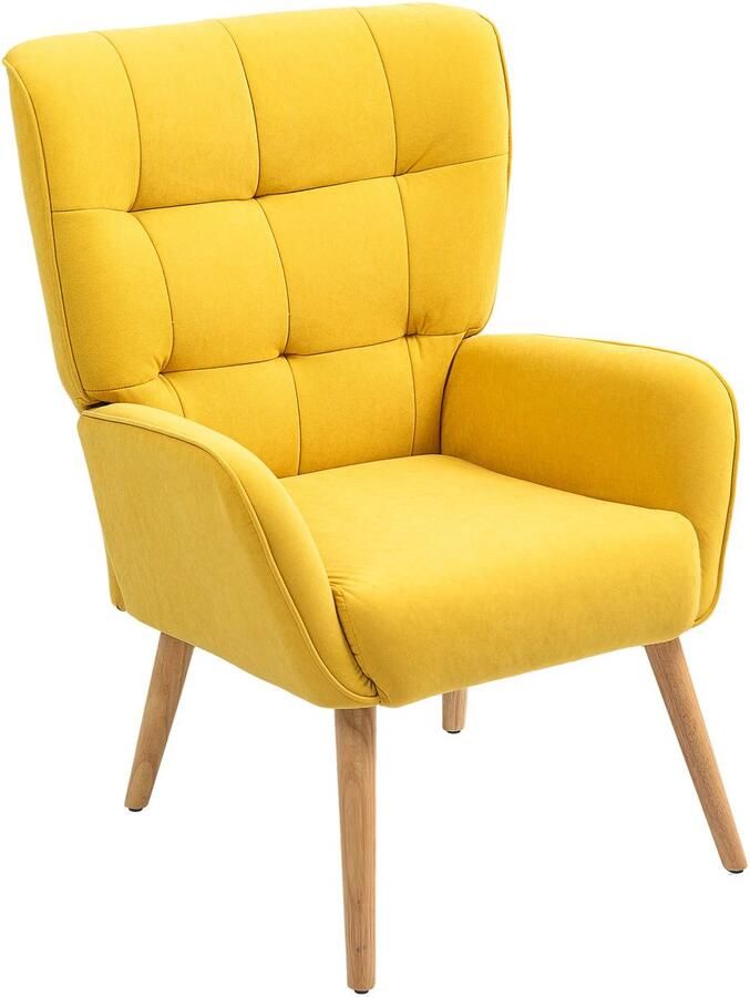 TRUUSK Fauteuil Loungestoel Houten Poten Fluweelachtige Afwerking Gestoffeerd Slaapkamer en Woonkamer Geel