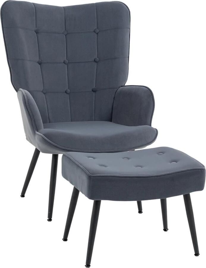 TRUUSK Fauteuil Met Poef Relaxfauteuil. Knoopstiksel Donkergrijs