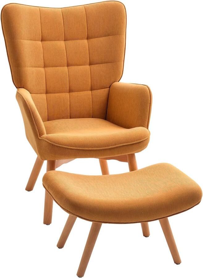 TRUUSK Fauteuil Met Voetenbank Oorfauteuil Met Hoge Rugleuning Houten Poten Loungestoel Met Getuft Ontwerp Corduroy-look