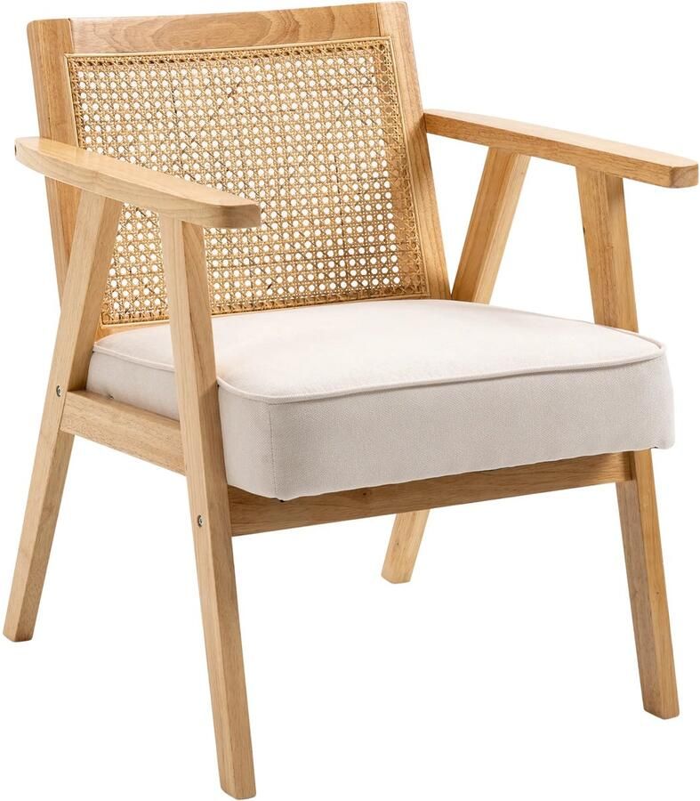 TRUUSK Fauteuil Relaxstoel Met Armleuningen Zitkussen Rieten Rugleuning Linnen-Look Houten Frame Gestoffeerd Voor