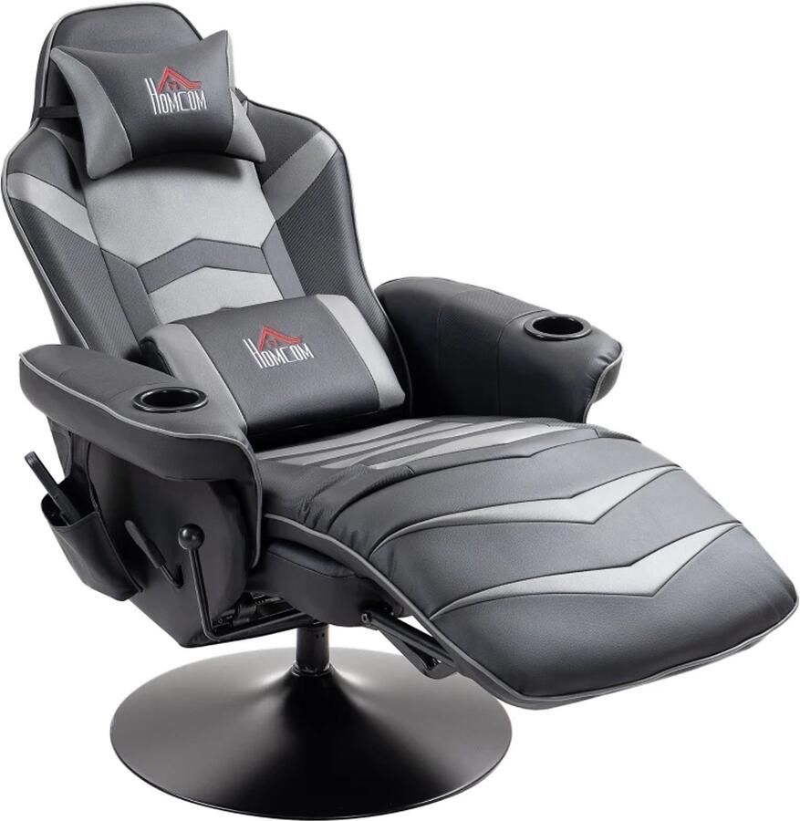 TRUUSK Gamestoel met Massagefunctie Kantelbare Rugleuning Voetsteunen Stalen Frame Kunstleer Grijs Tot 120 Kg