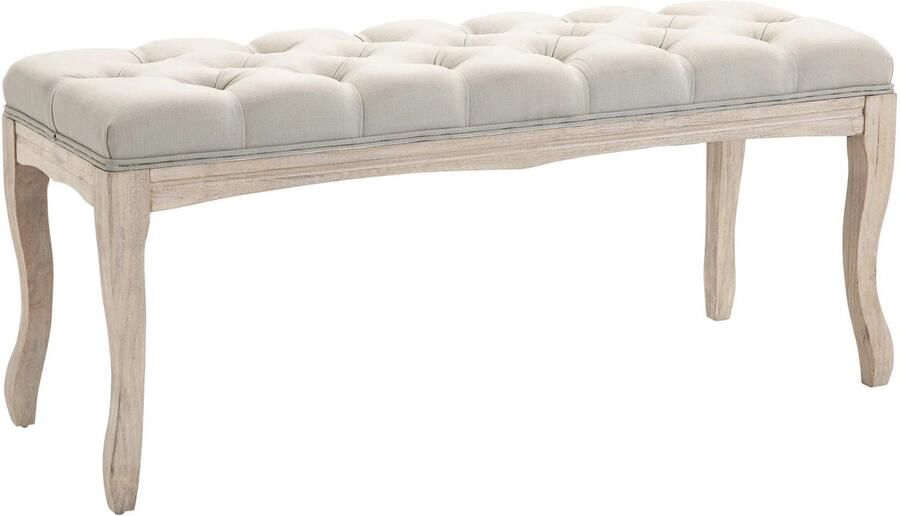 TRUUSK Gestoffeerde Bank Vintage Bedbank Voor Slaapkamer & Woonkamer Kistbank Van Rubberhout Met Linnen Bekleding In Beige 110x40x48cm