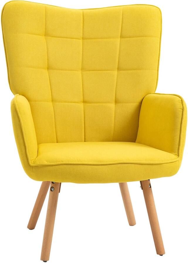TRUUSK Gestoffeerde Fauteuil met Houten Frame Fluwelen Look Armleuningen Relaxfauteuil voor Woonkamer en Slaapkamer Geel