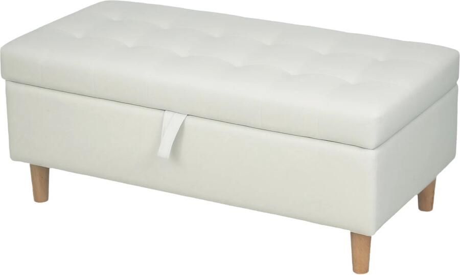 TRUUSK Gestoffeerde Kruk met Opbergruimte Houten Poten Zachte Stoffen Bekleding Crème Wit