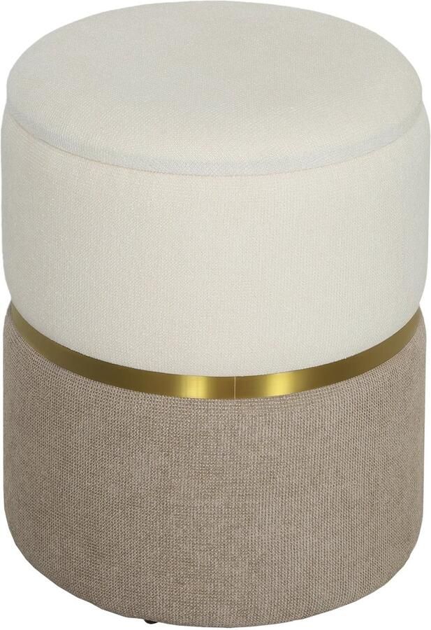 TRUUSK Gestoffeerde Kruk Met Opbergruimte Tweekleurig Ontwerp Metalen Ring Ronde Voetenbank 36 x 36 x 44 cm Crèmewit