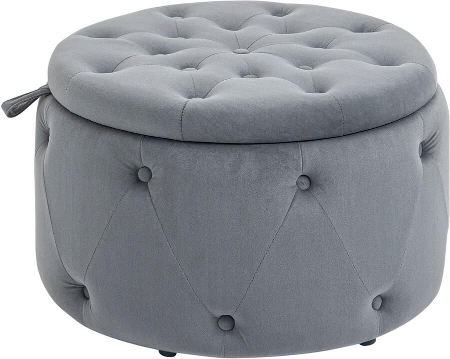 TRUUSK Gestoffeerde Opbergkruk Ronde Ottomaan met Deksel Fluweelachtige Grijze Uitstraling Ø60 x 40 cm Voor Woonkamer &